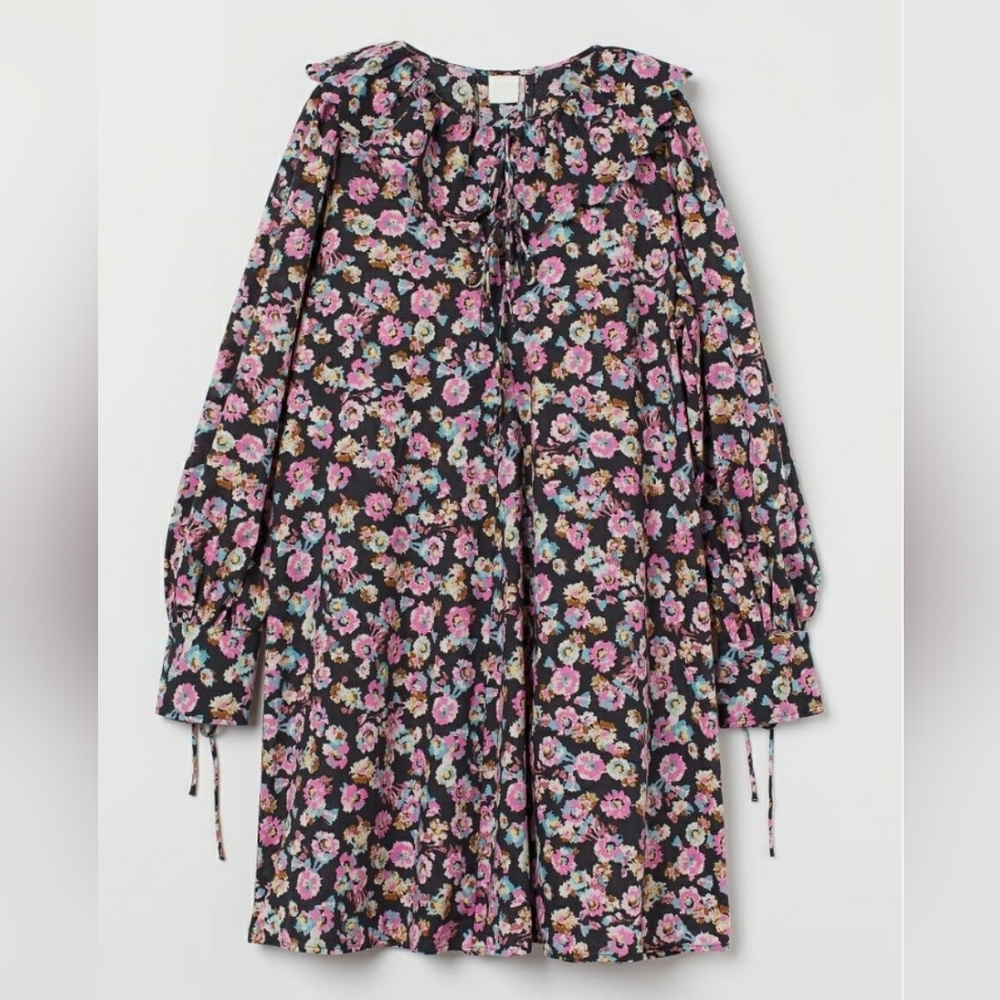 H&M Flounce-Collared Floral Print Long-sleeve Cotton Dress, Size S